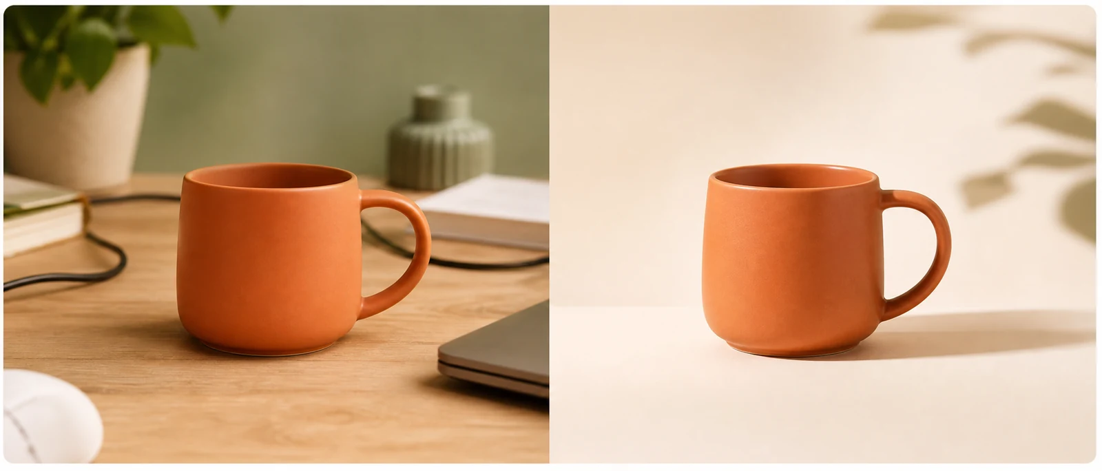 A mug product photo before and after a single-image edit.