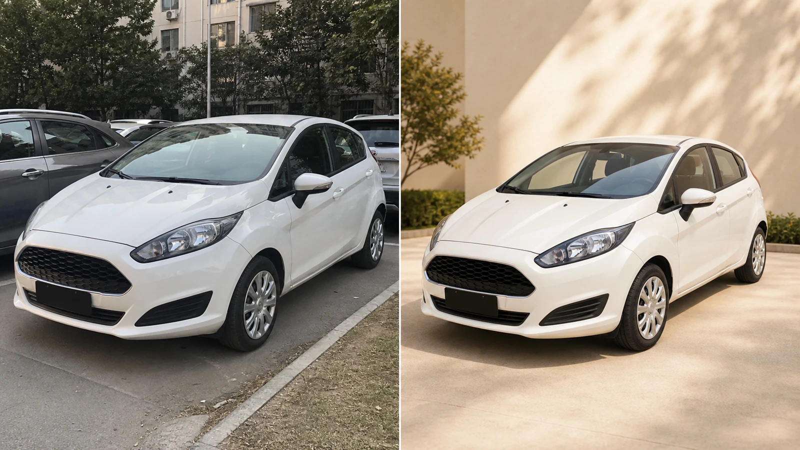 Car background replacement example, from a parking area to a studio setting.