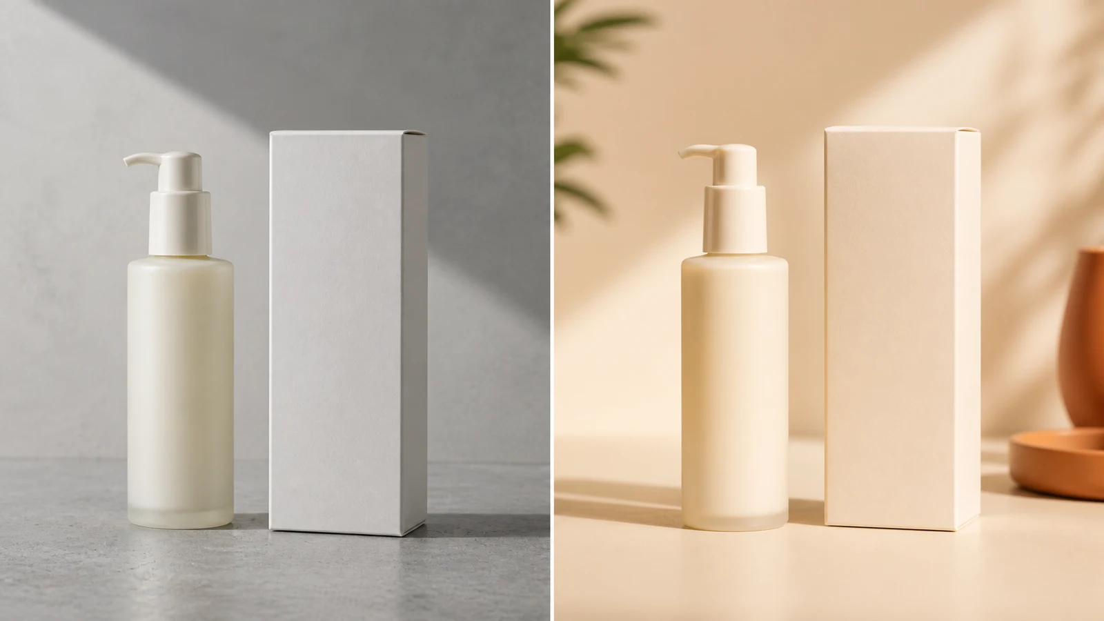 Bottle and packaging before and after an ecommerce photo edit.